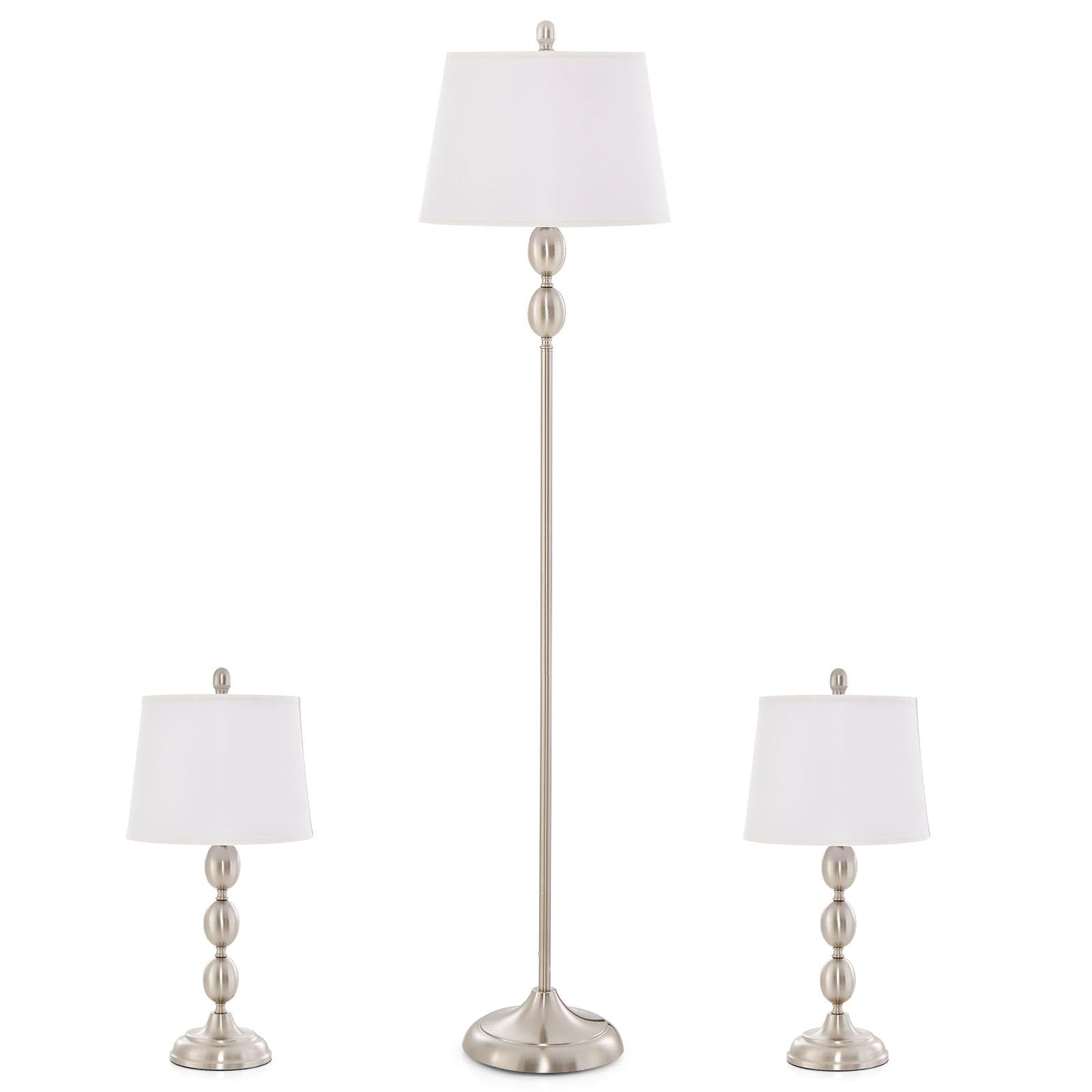Tangkula 3-Piece Lamp Set, Floor Lamp and Table Lamp Combo Set with Metal Base and Fabric Shades